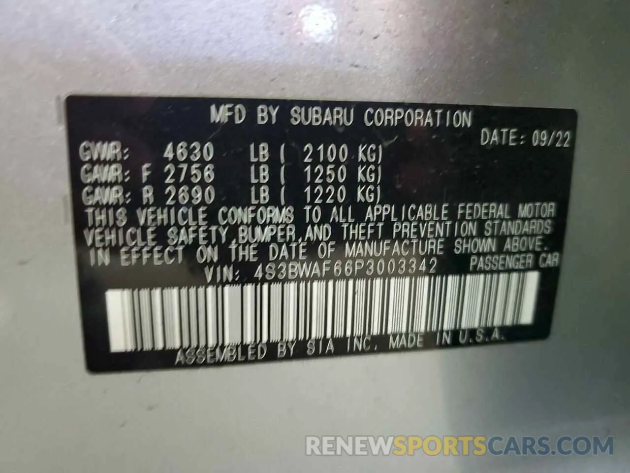 12 Photograph of a damaged car 4S3BWAF66P3003342 SUBARU LEGACY 2023