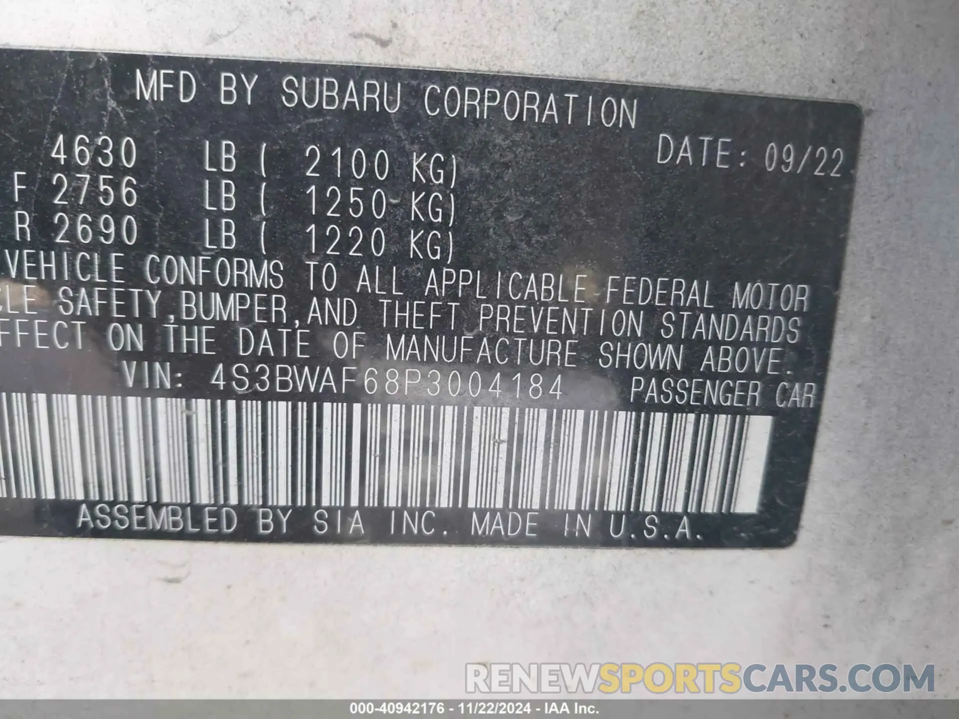 9 Photograph of a damaged car 4S3BWAF68P3004184 SUBARU LEGACY 2023