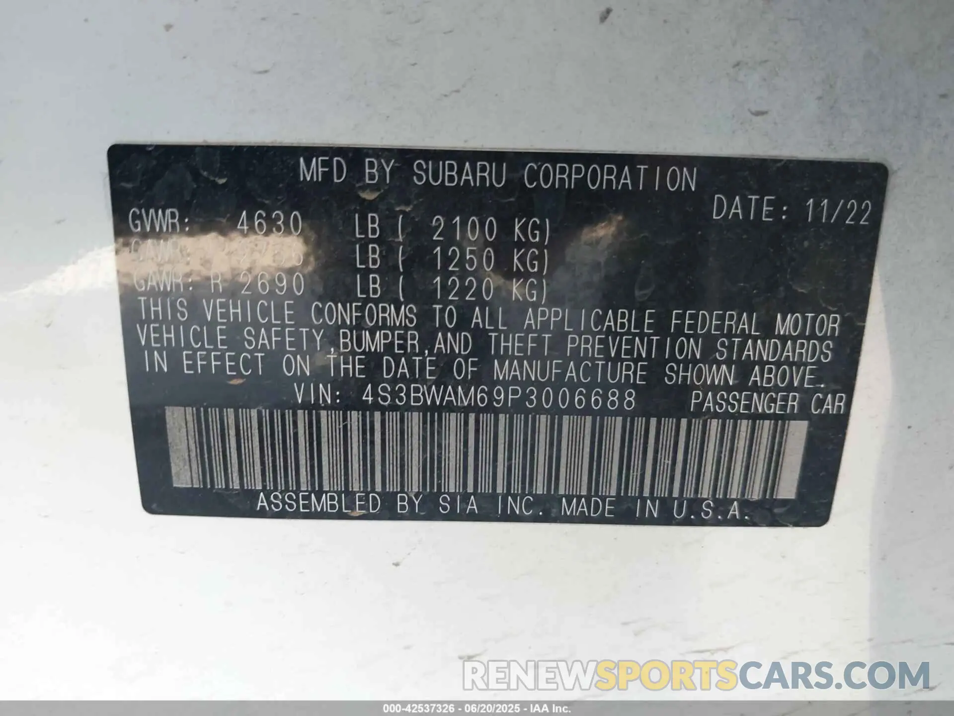 9 Photograph of a damaged car 4S3BWAM69P3006688 SUBARU LEGACY 2023