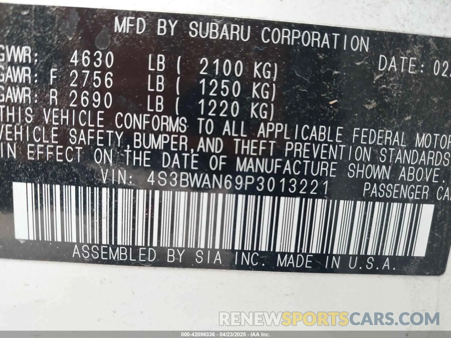 9 Photograph of a damaged car 4S3BWAN69P3013221 SUBARU LEGACY 2023