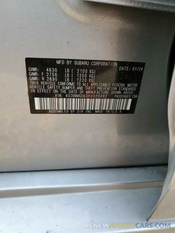12 Photograph of a damaged car 4S3BWAD63R3020492 SUBARU LEGACY 2024