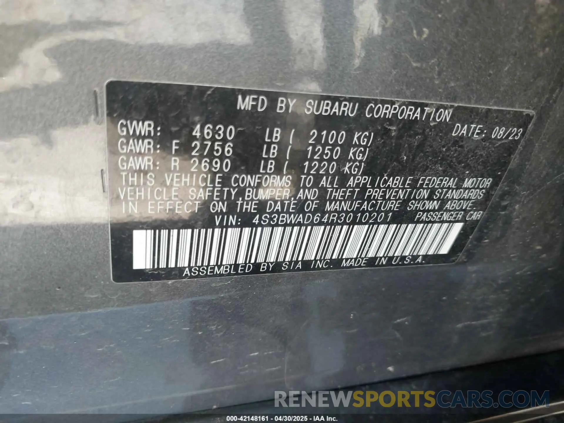 9 Photograph of a damaged car 4S3BWAD64R3010201 SUBARU LEGACY 2024