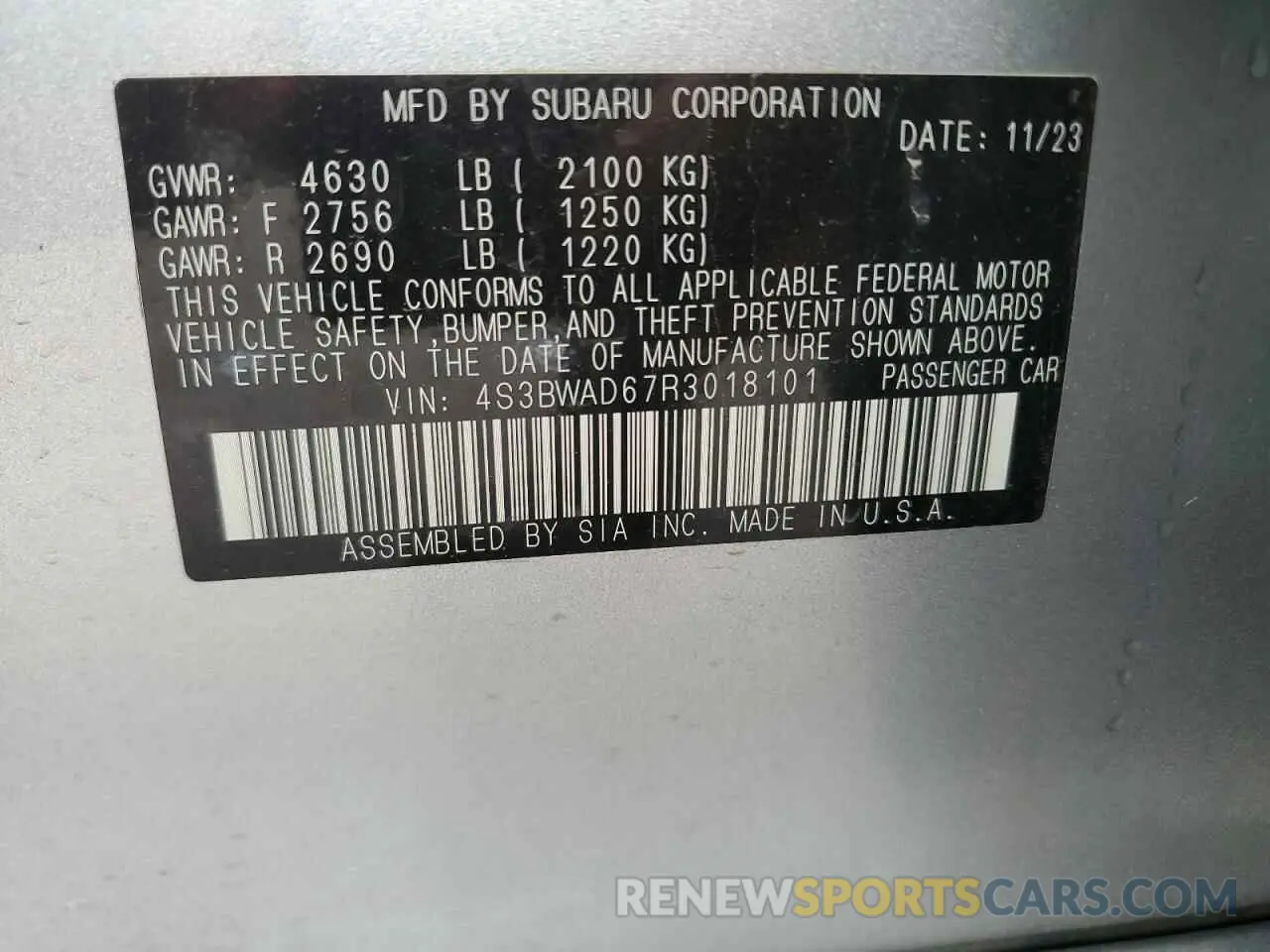 13 Photograph of a damaged car 4S3BWAD67R3018101 SUBARU LEGACY 2024