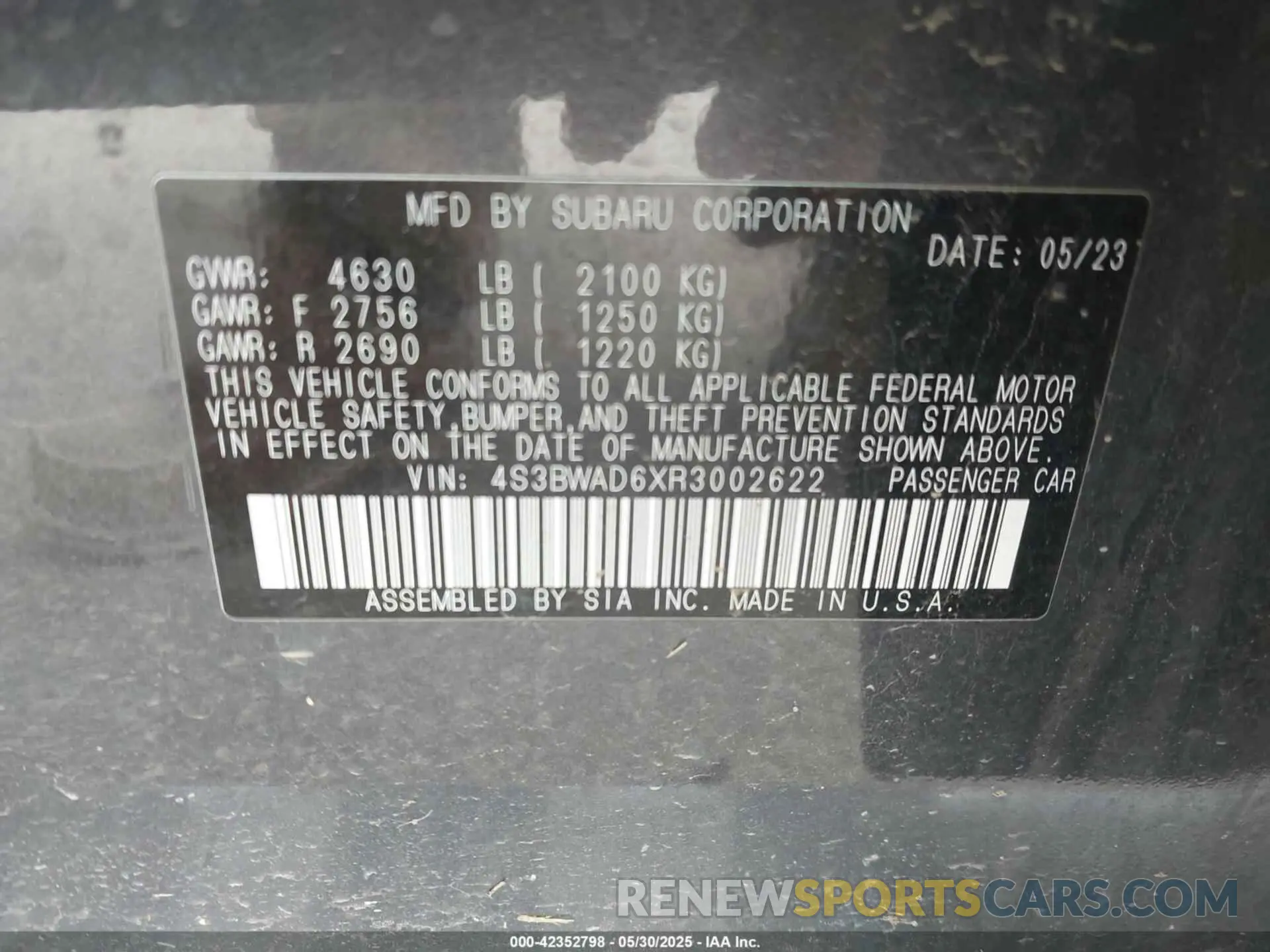 9 Photograph of a damaged car 4S3BWAD6XR3002622 SUBARU LEGACY 2024