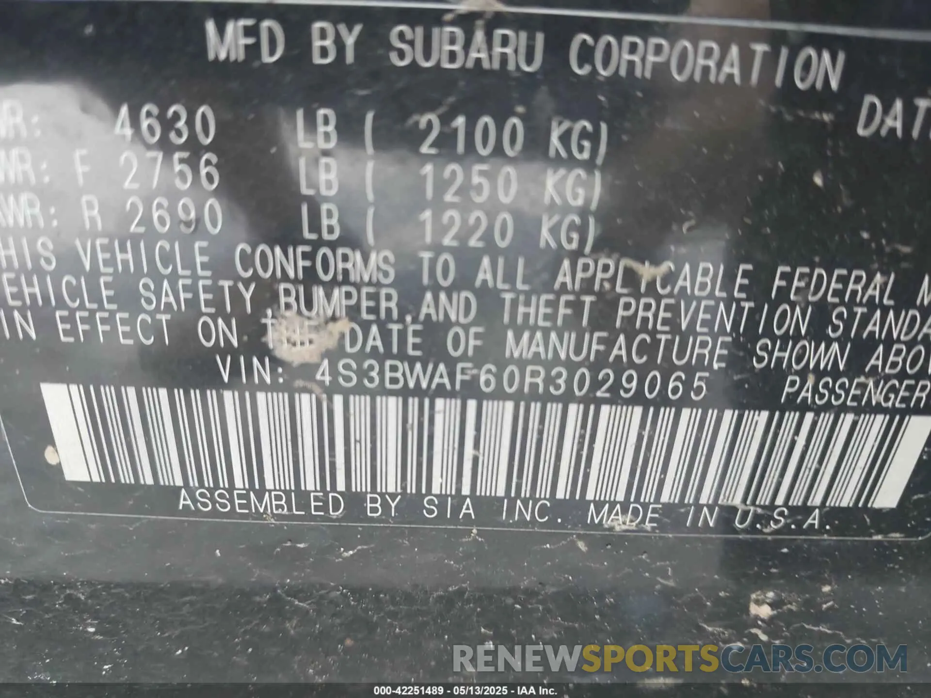 9 Photograph of a damaged car 4S3BWAF60R3029065 SUBARU LEGACY 2024