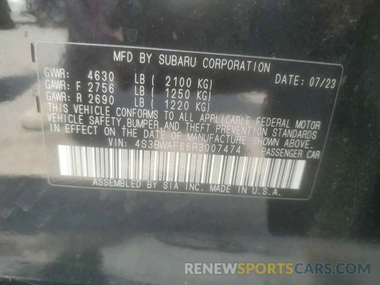 12 Photograph of a damaged car 4S3BWAF66R3007474 SUBARU LEGACY 2024