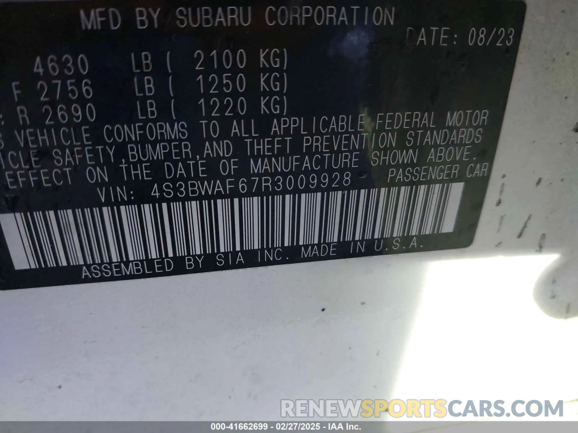 9 Photograph of a damaged car 4S3BWAF67R3009928 SUBARU LEGACY 2024