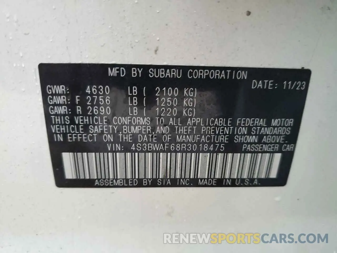 12 Photograph of a damaged car 4S3BWAF68R3018475 SUBARU LEGACY 2024