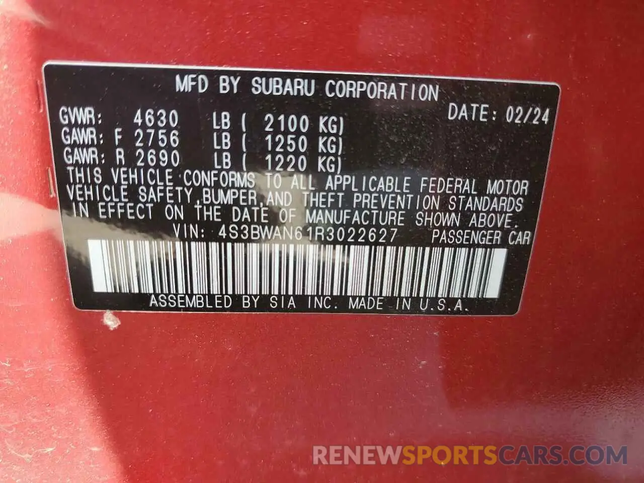 14 Photograph of a damaged car 4S3BWAN61R3022627 SUBARU LEGACY 2024