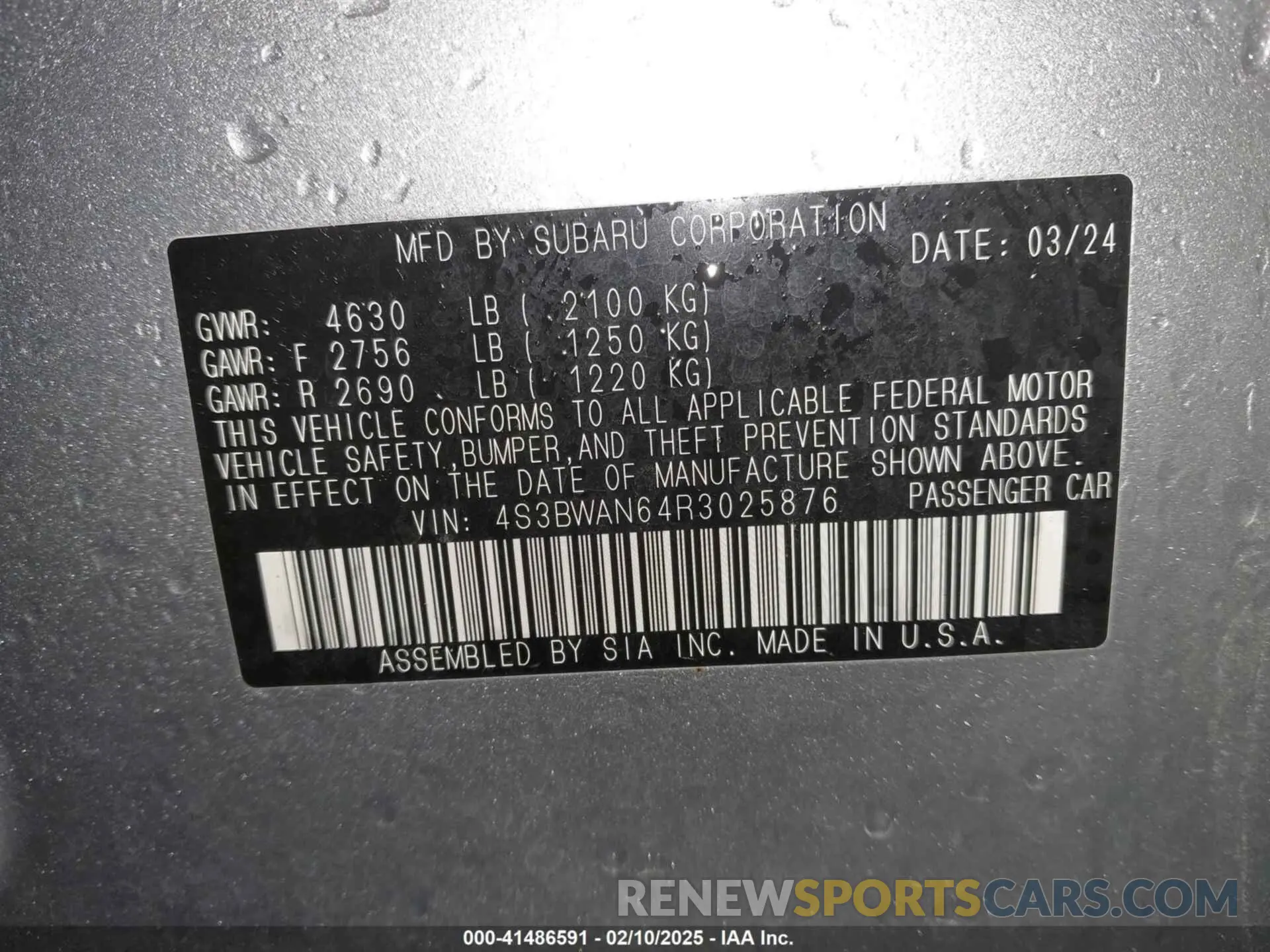 9 Photograph of a damaged car 4S3BWAN64R3025876 SUBARU LEGACY 2024