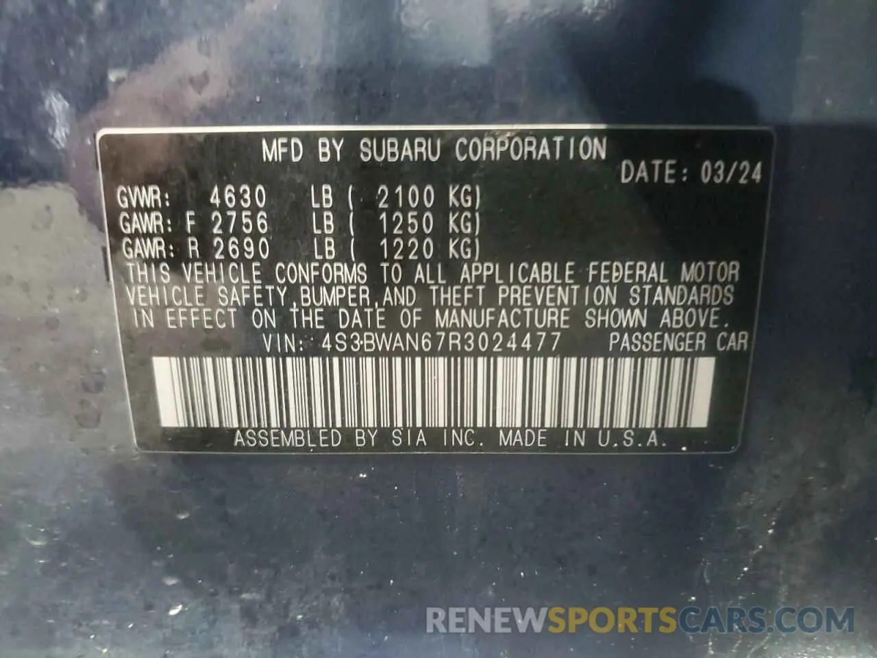 14 Photograph of a damaged car 4S3BWAN67R3024477 SUBARU LEGACY 2024