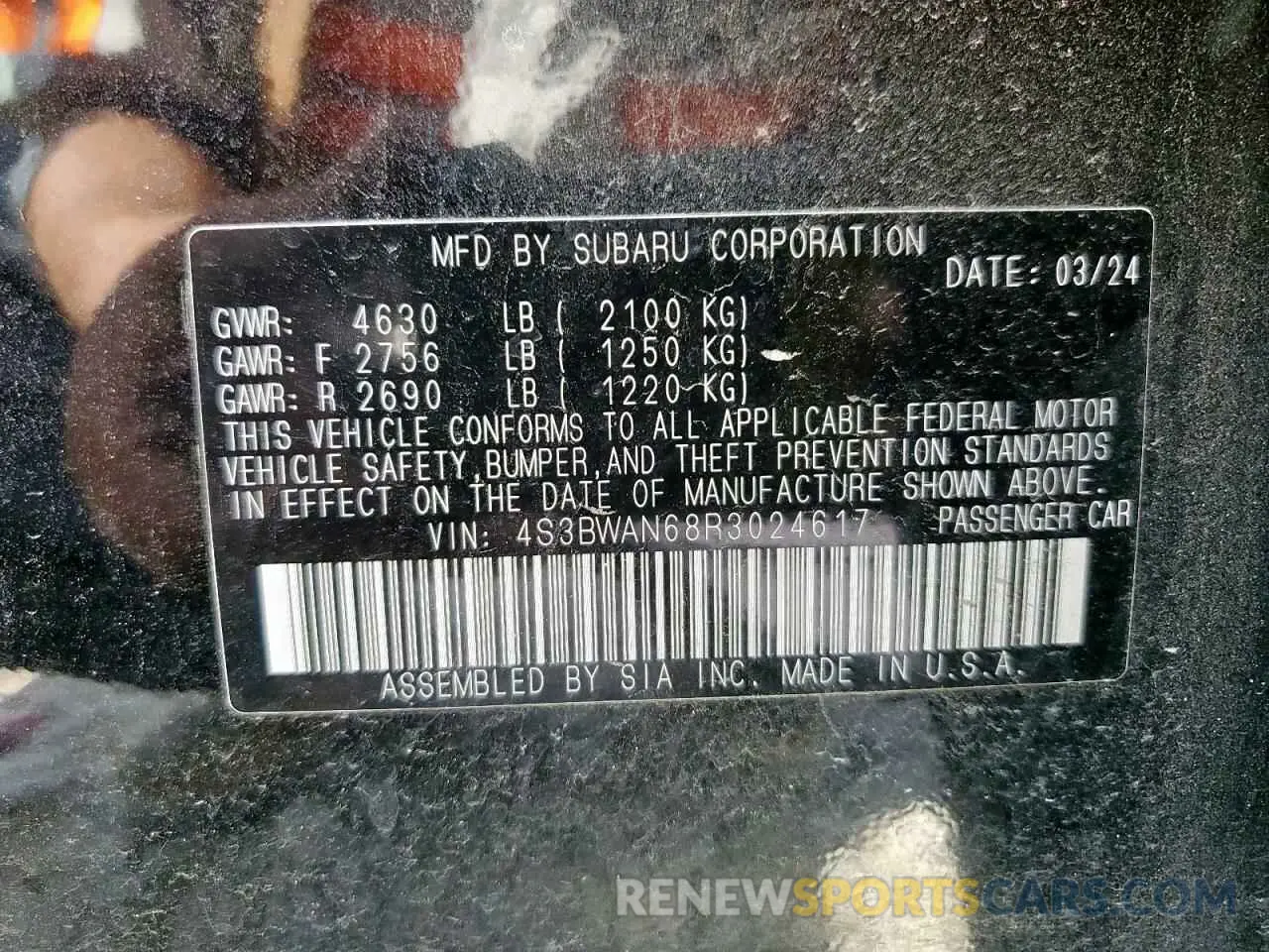 12 Photograph of a damaged car 4S3BWAN68R3024617 SUBARU LEGACY 2024