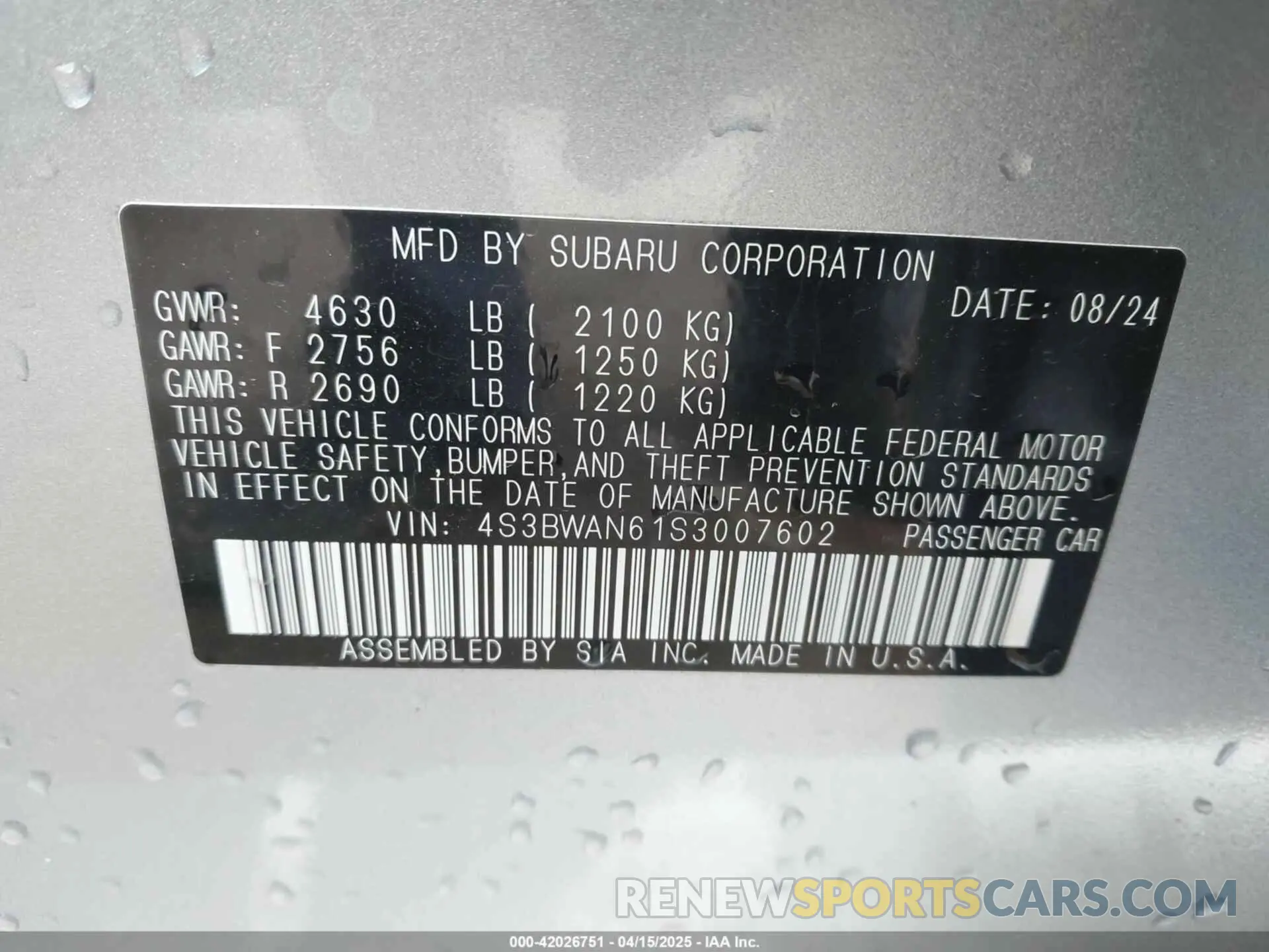 9 Photograph of a damaged car 4S3BWAN61S3007602 SUBARU LEGACY 2025