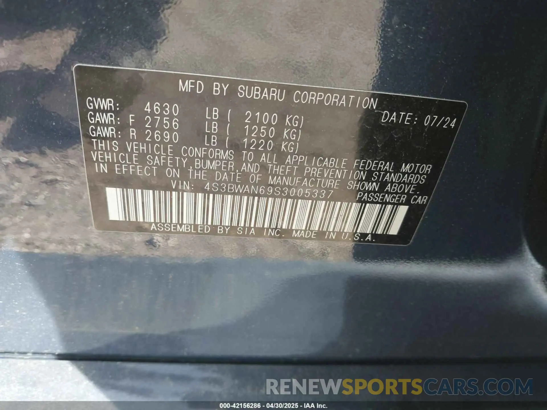 9 Photograph of a damaged car 4S3BWAN69S3005337 SUBARU LEGACY 2025