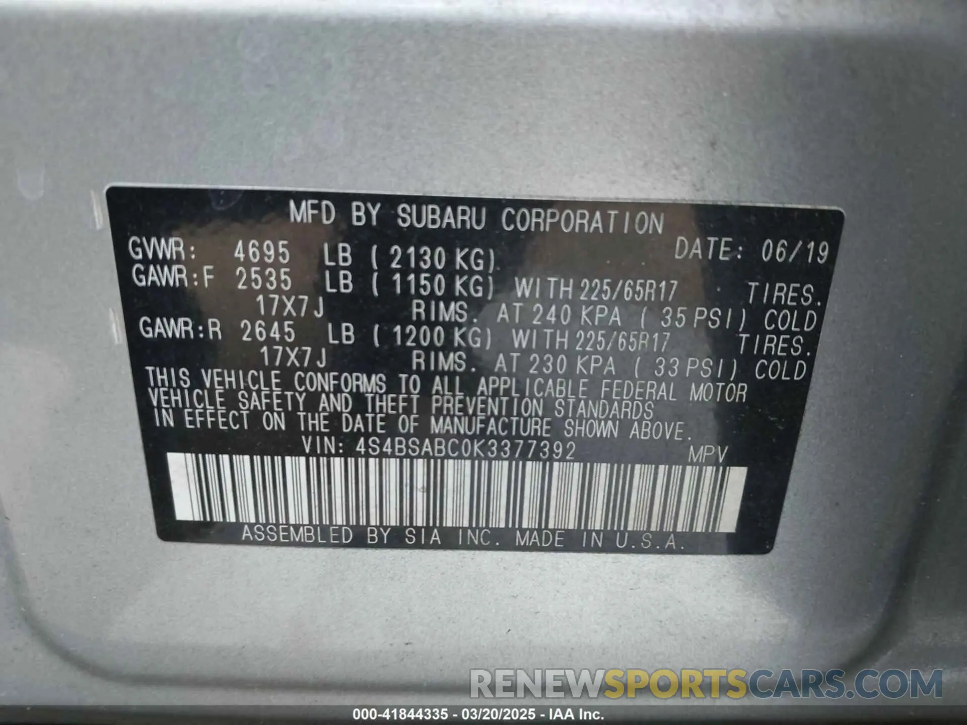 9 Photograph of a damaged car 4S4BSABC0K3377392 SUBARU OUTBACK 2019