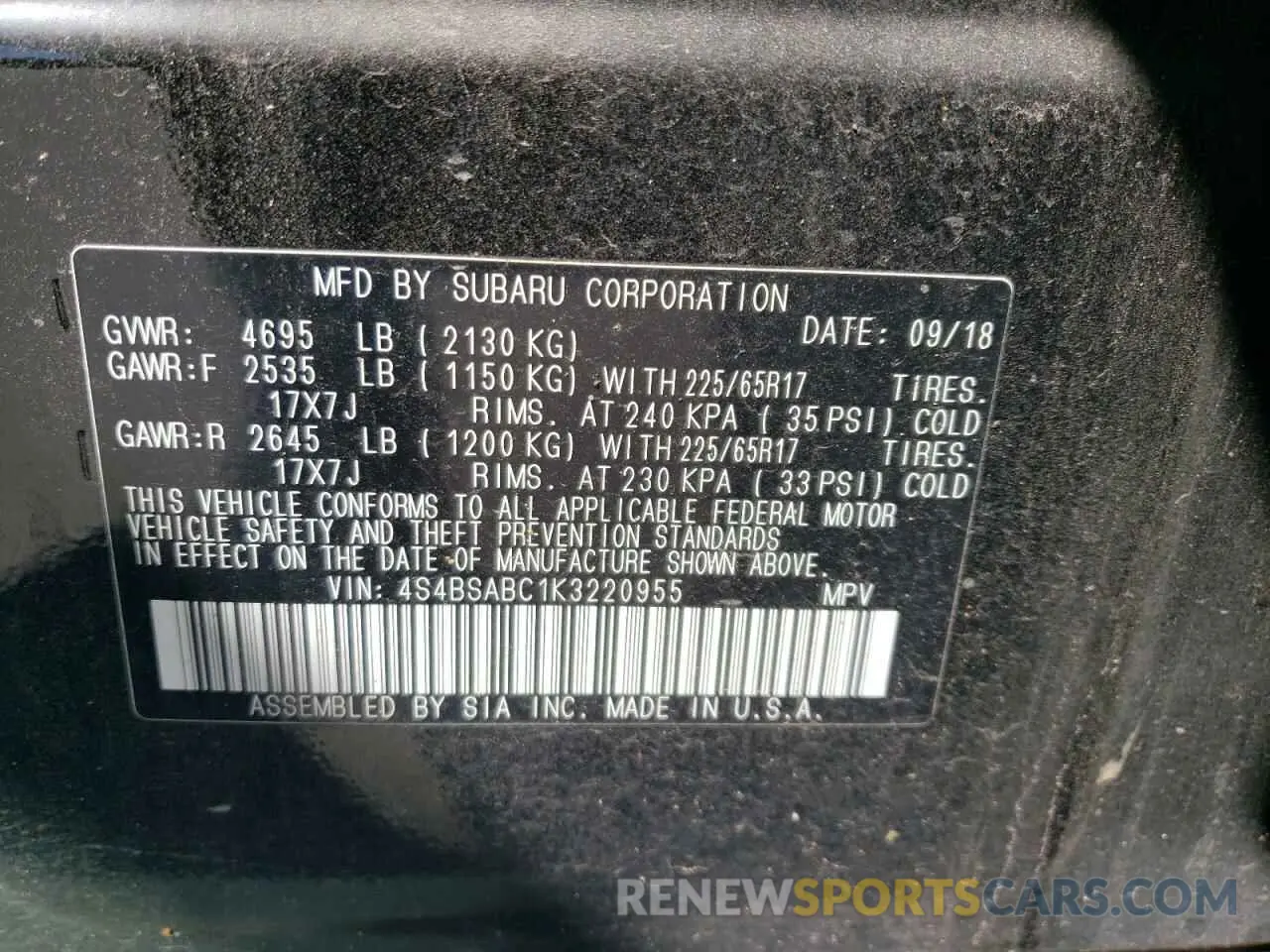 14 Photograph of a damaged car 4S4BSABC1K3220955 SUBARU OUTBACK 2019