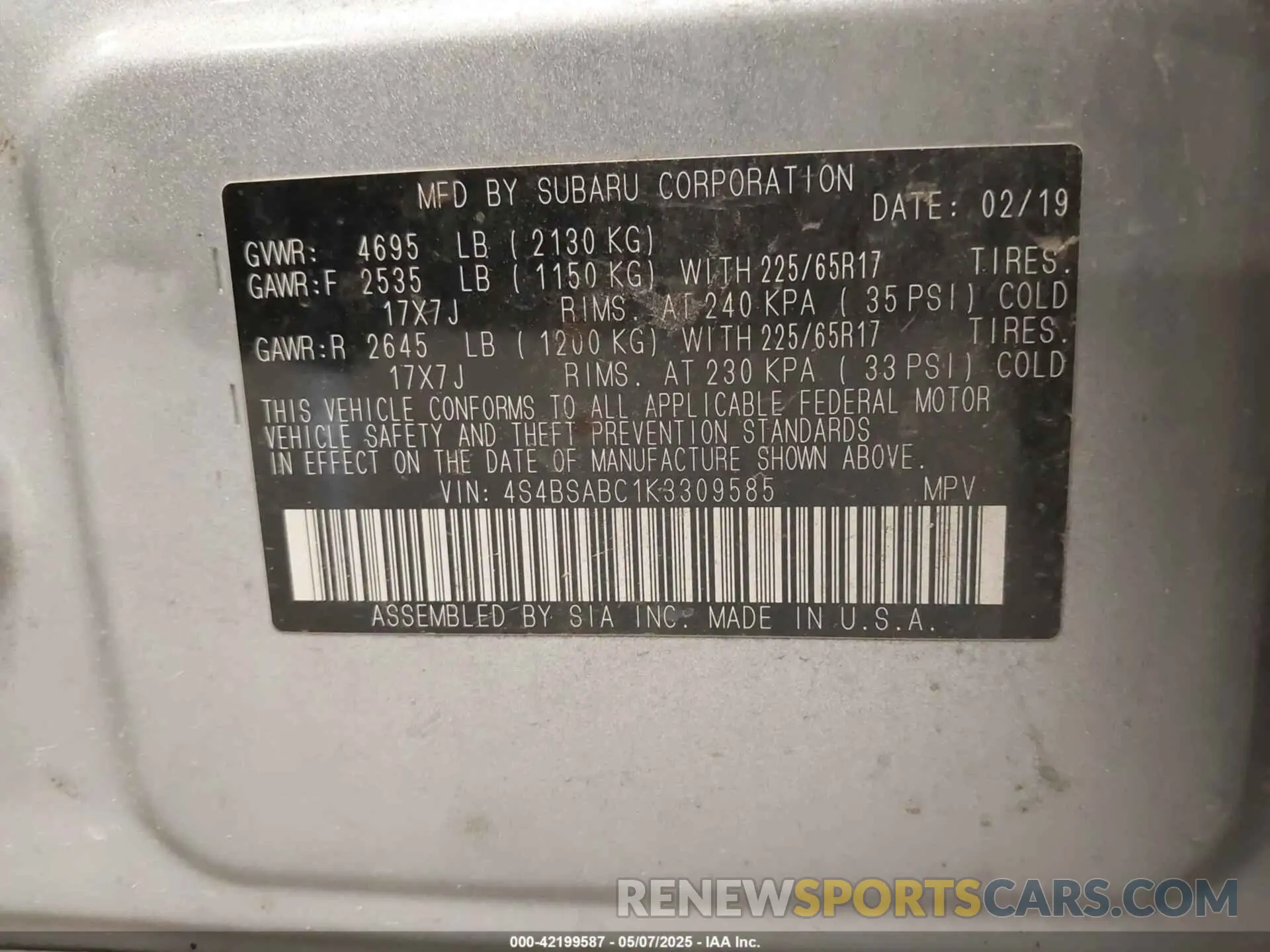 9 Photograph of a damaged car 4S4BSABC1K3309585 SUBARU OUTBACK 2019