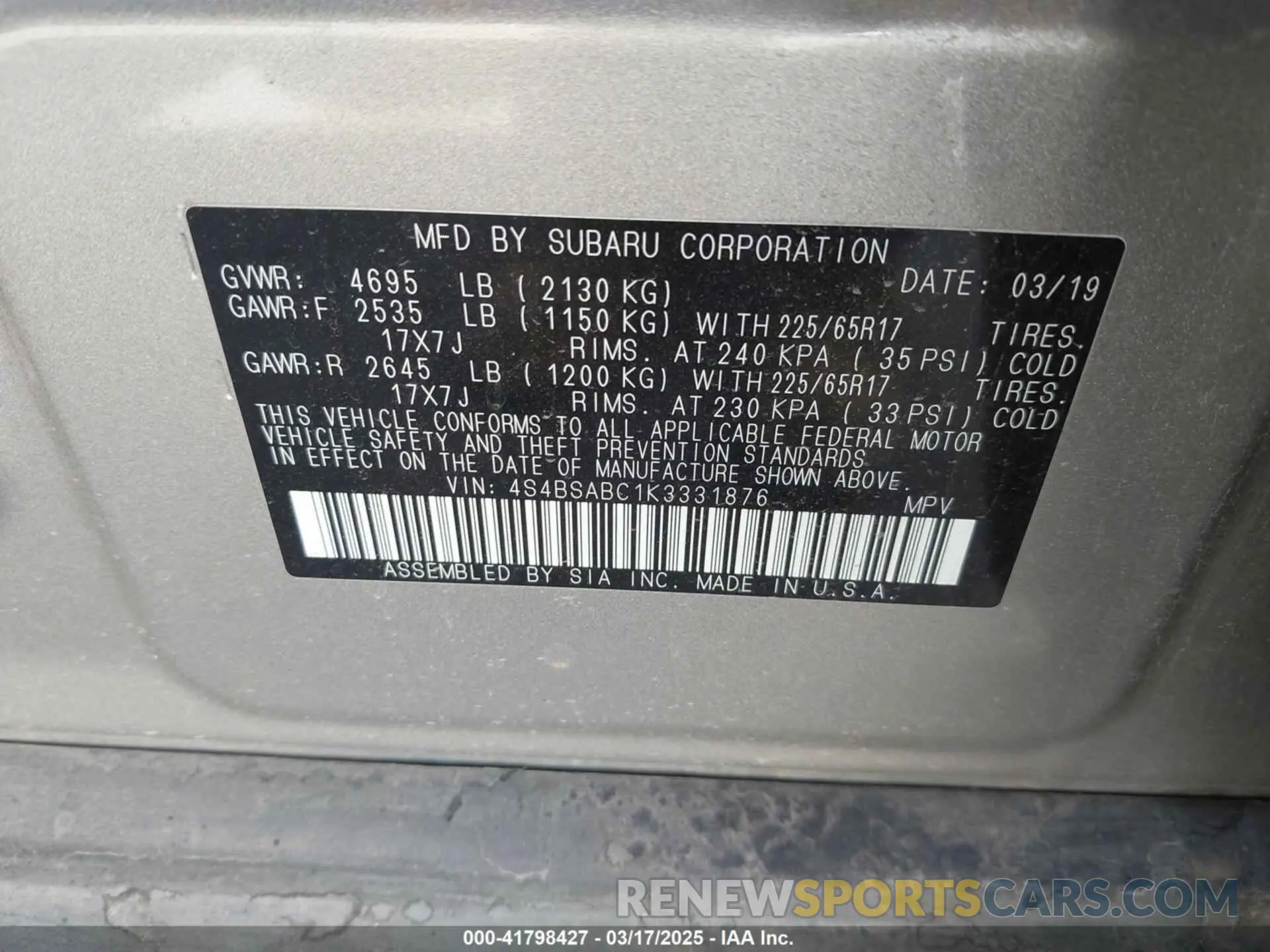 9 Photograph of a damaged car 4S4BSABC1K3331876 SUBARU OUTBACK 2019