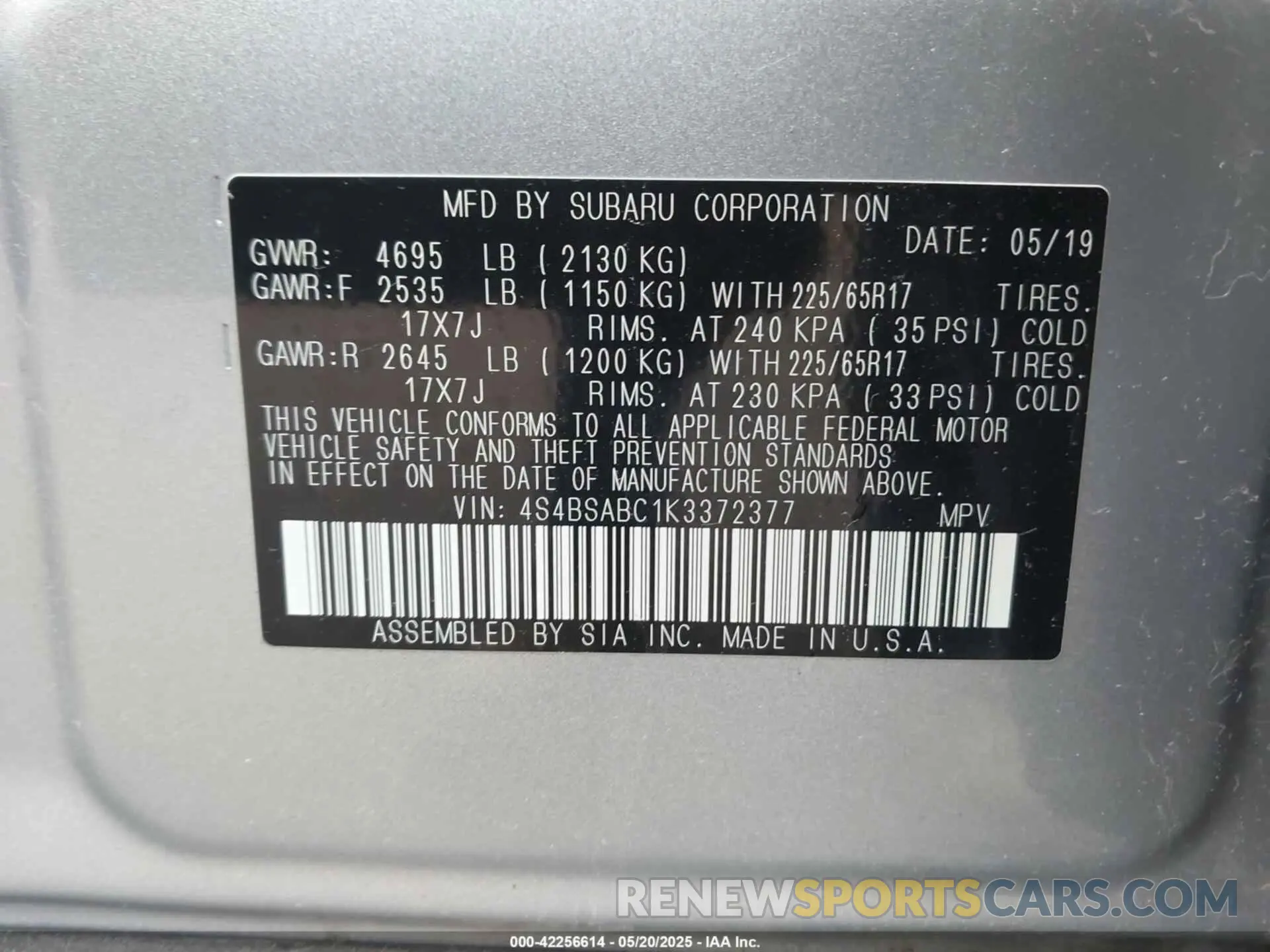 9 Photograph of a damaged car 4S4BSABC1K3372377 SUBARU OUTBACK 2019