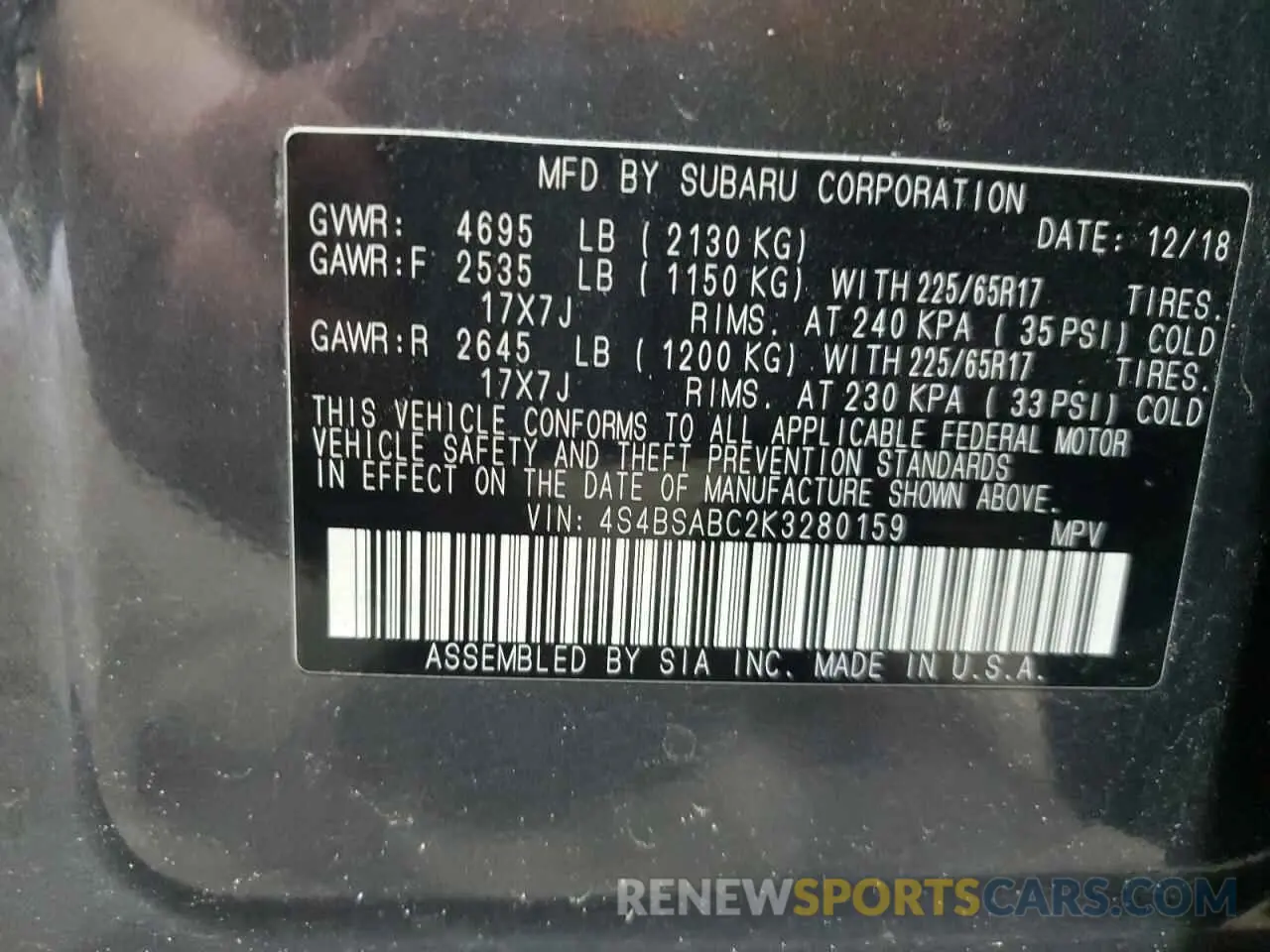 13 Photograph of a damaged car 4S4BSABC2K3280159 SUBARU OUTBACK 2019