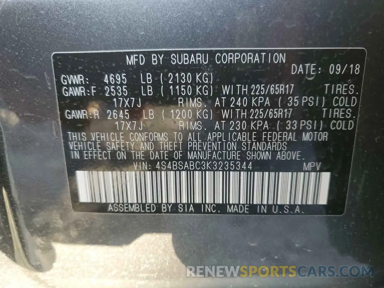 12 Photograph of a damaged car 4S4BSABC3K3235344 SUBARU OUTBACK 2019