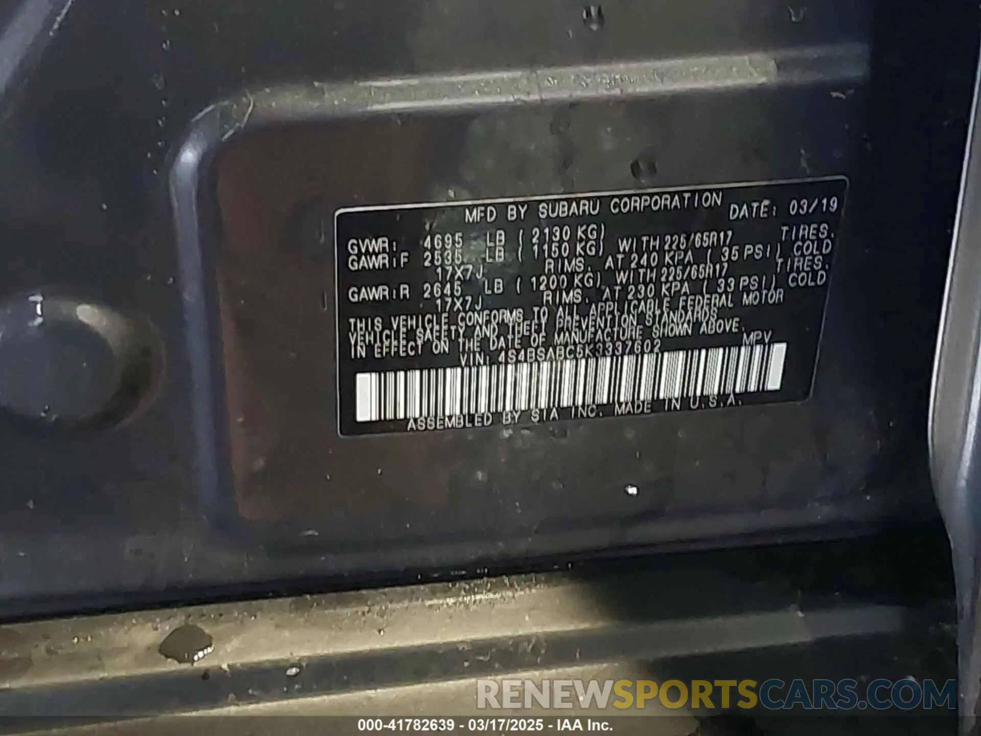 9 Photograph of a damaged car 4S4BSABC5K3337602 SUBARU OUTBACK 2019