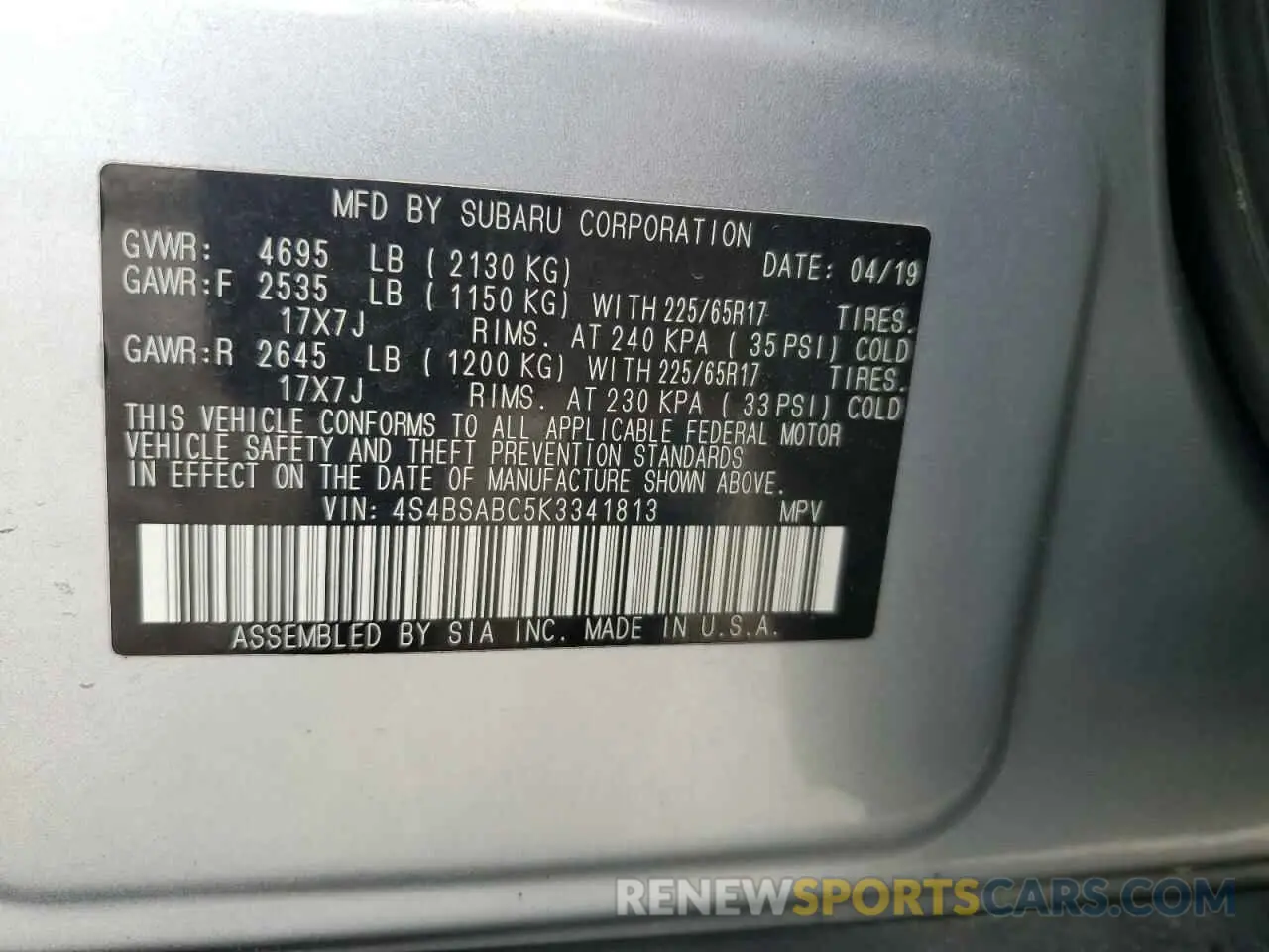 13 Photograph of a damaged car 4S4BSABC5K3341813 SUBARU OUTBACK 2019