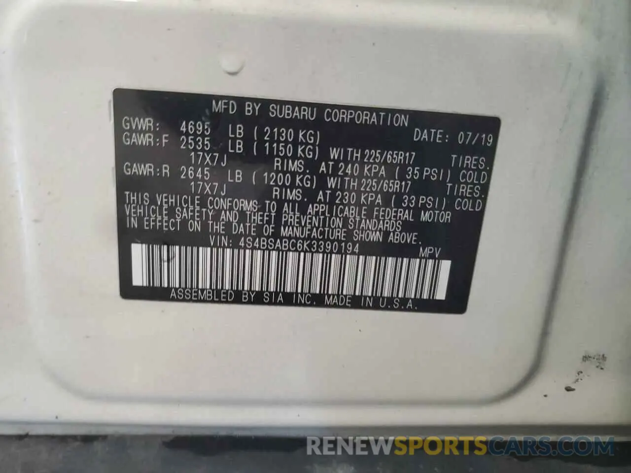 12 Photograph of a damaged car 4S4BSABC6K3390194 SUBARU OUTBACK 2019