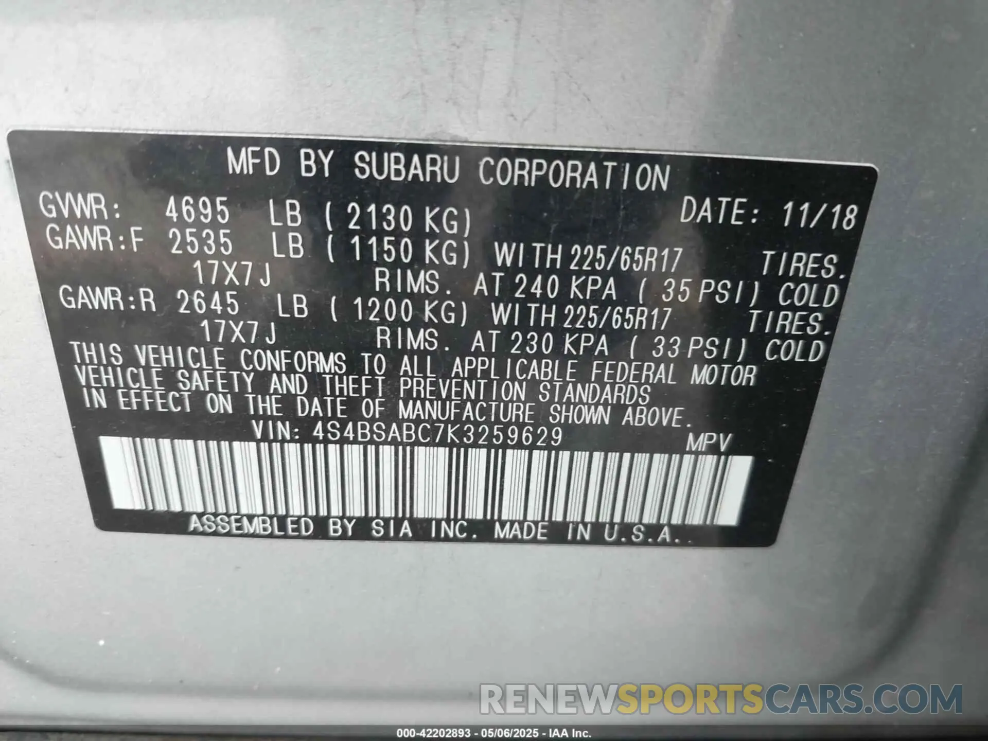 9 Photograph of a damaged car 4S4BSABC7K3259629 SUBARU OUTBACK 2019