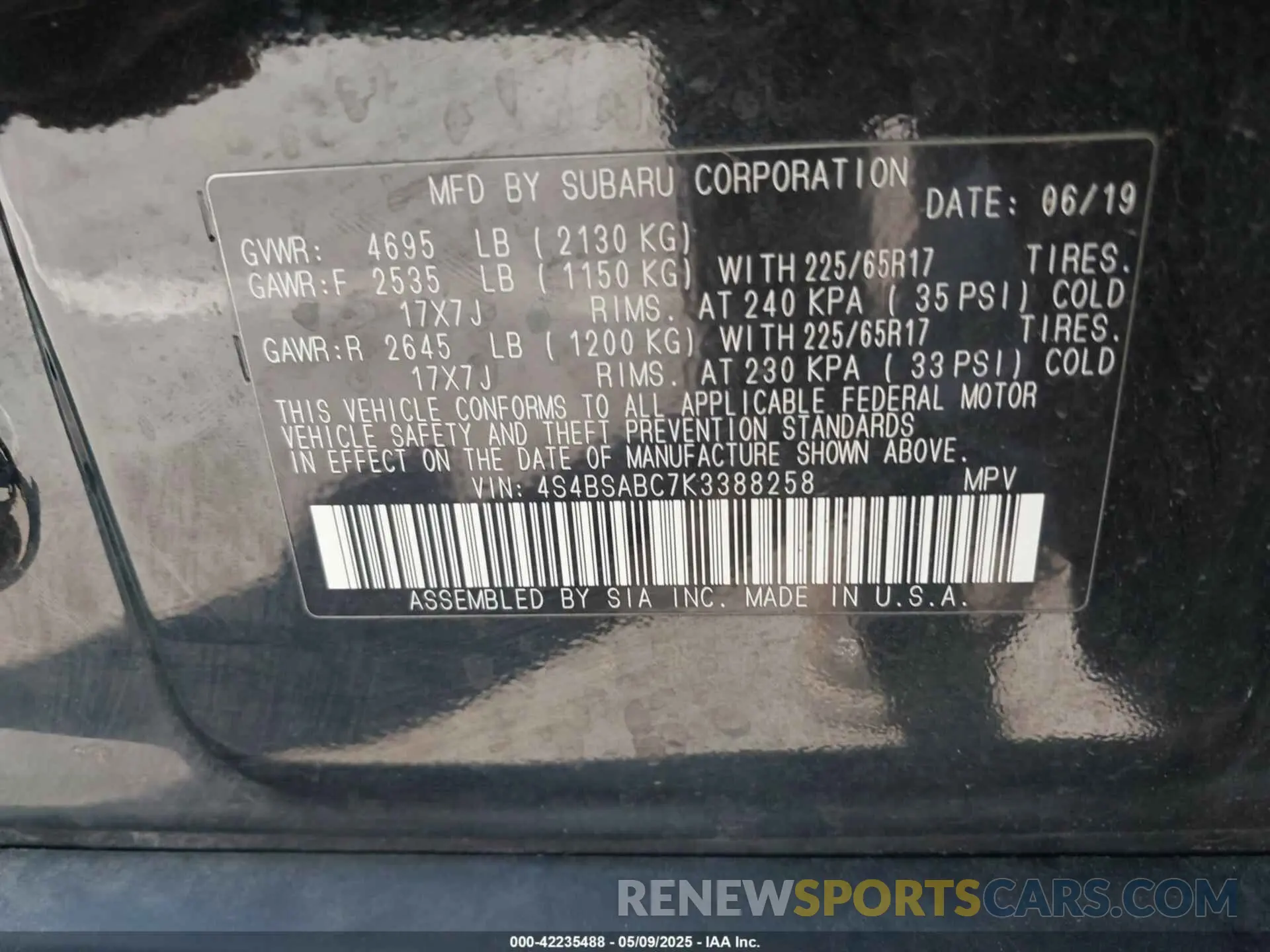 9 Photograph of a damaged car 4S4BSABC7K3388258 SUBARU OUTBACK 2019