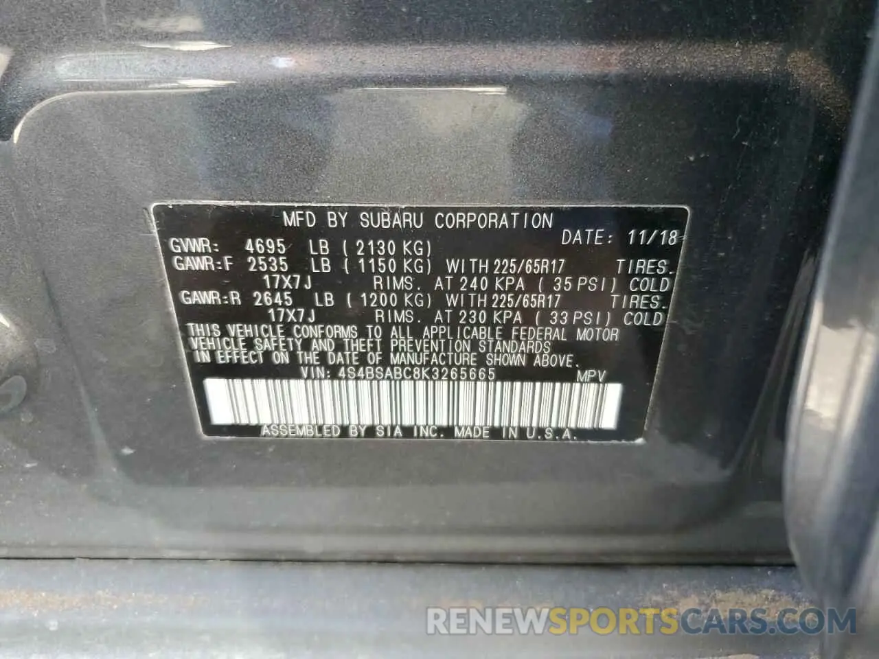 14 Photograph of a damaged car 4S4BSABC8K3265665 SUBARU OUTBACK 2019