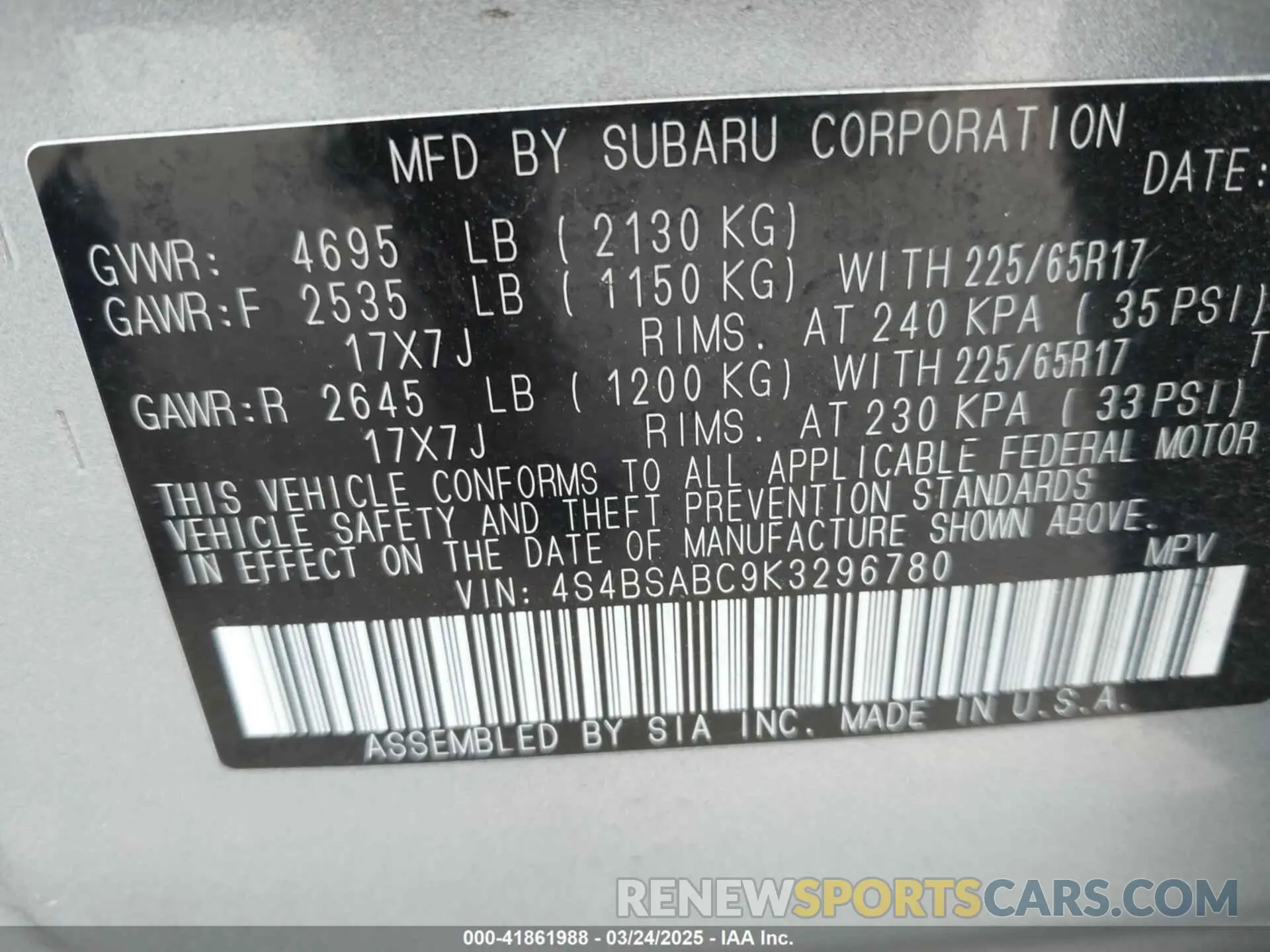 9 Photograph of a damaged car 4S4BSABC9K3296780 SUBARU OUTBACK 2019