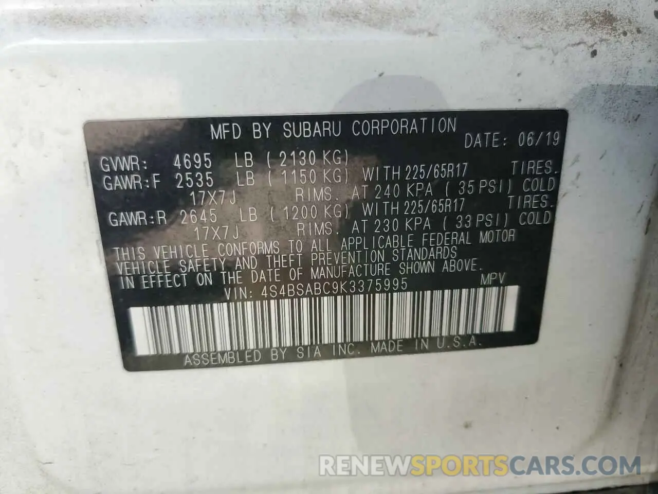 13 Photograph of a damaged car 4S4BSABC9K3375995 SUBARU OUTBACK 2019