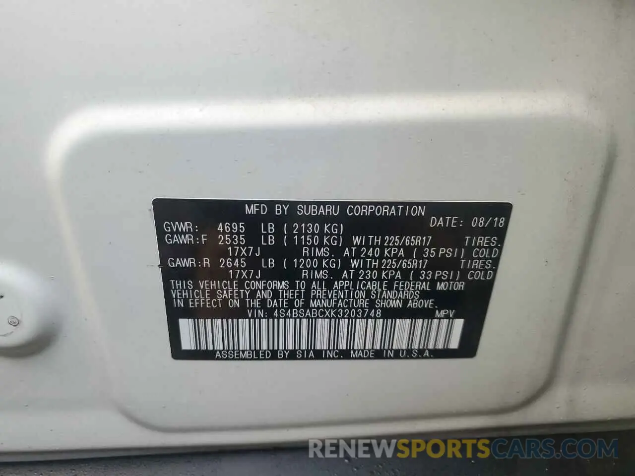 13 Photograph of a damaged car 4S4BSABCXK3203748 SUBARU OUTBACK 2019