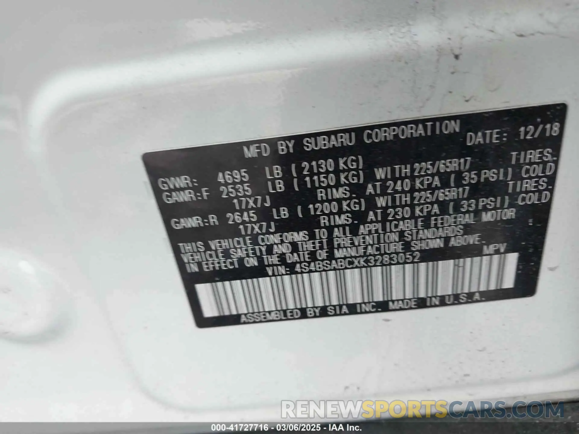 9 Photograph of a damaged car 4S4BSABCXK3283052 SUBARU OUTBACK 2019