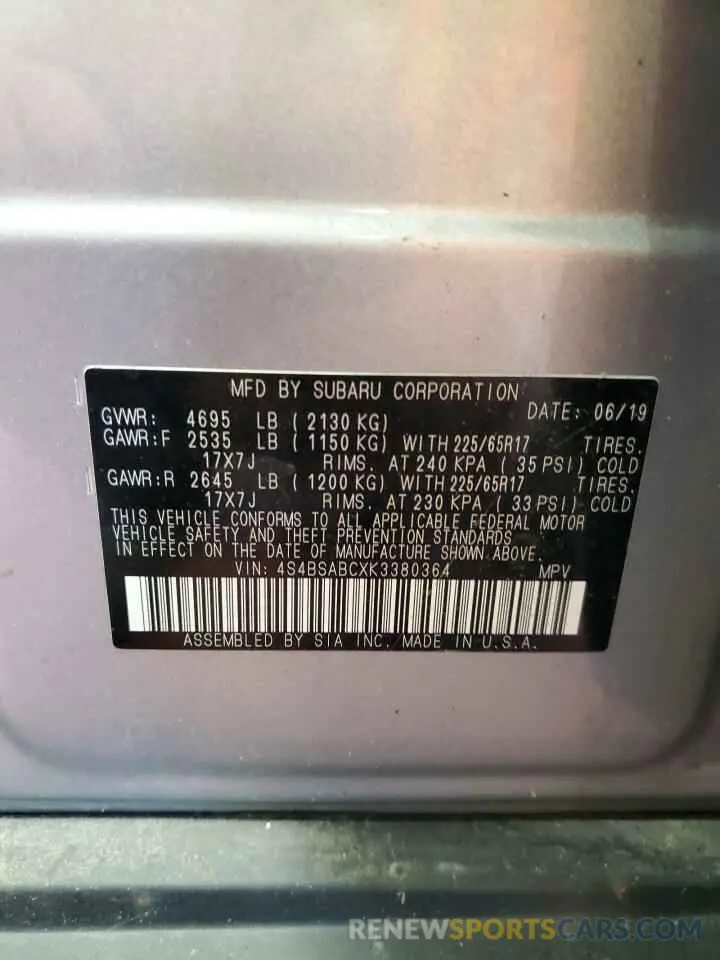 14 Photograph of a damaged car 4S4BSABCXK3380364 SUBARU OUTBACK 2019