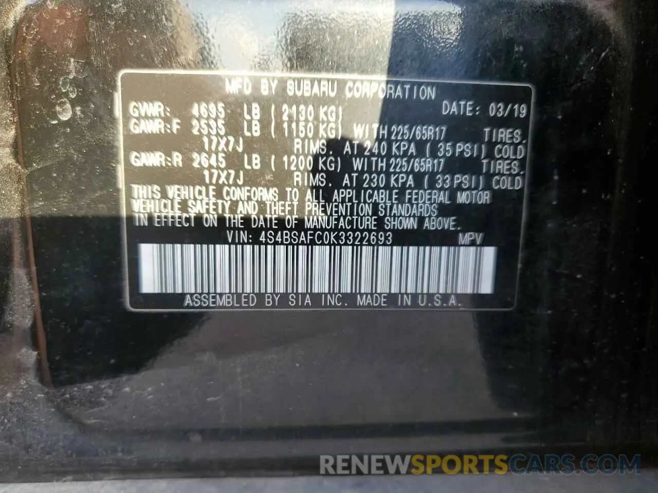 14 Photograph of a damaged car 4S4BSAFC0K3322693 SUBARU OUTBACK 2019