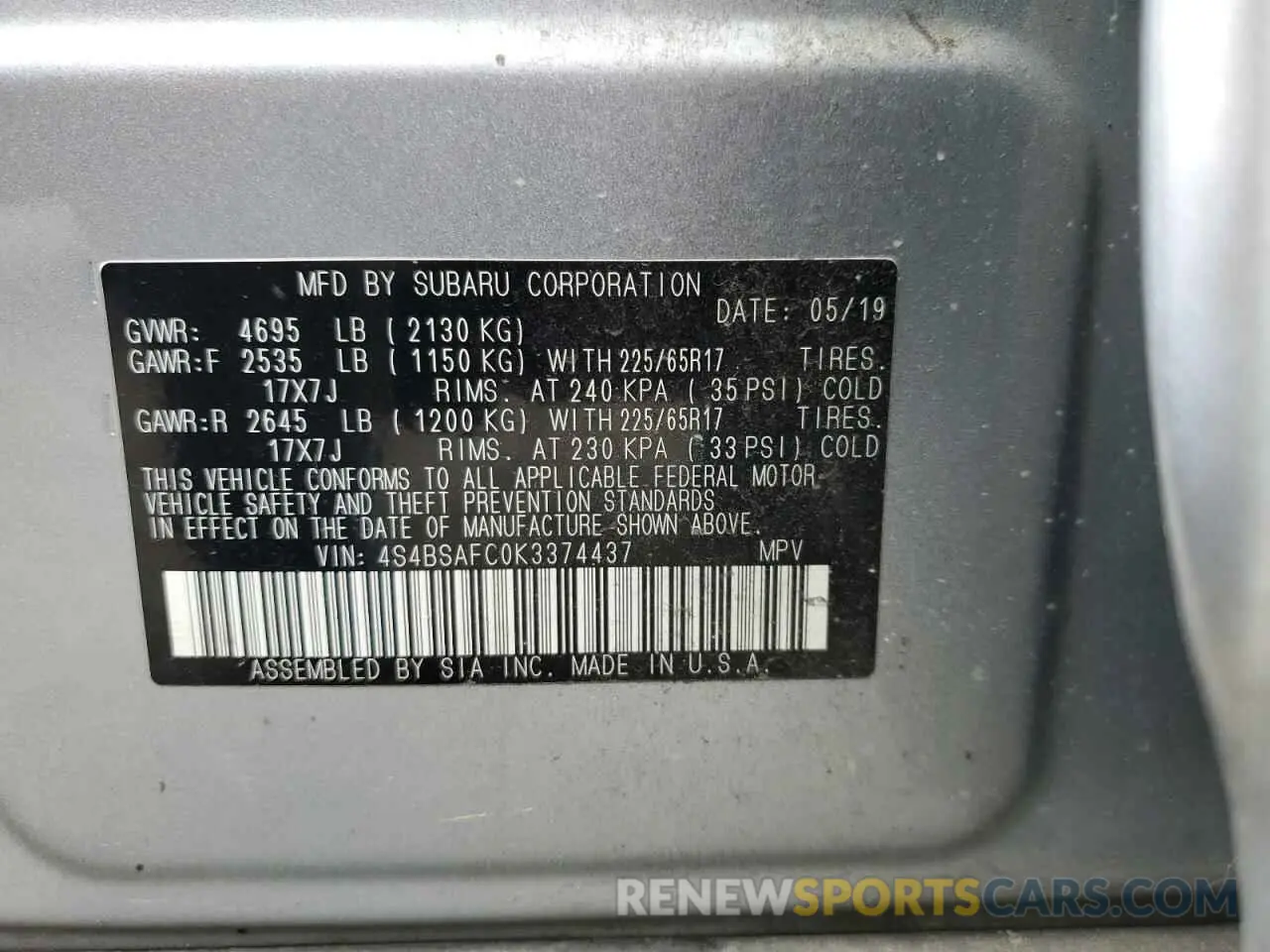 13 Photograph of a damaged car 4S4BSAFC0K3374437 SUBARU OUTBACK 2019