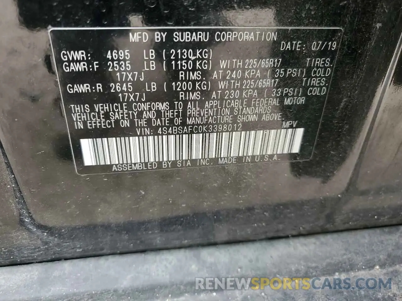 14 Photograph of a damaged car 4S4BSAFC0K3398012 SUBARU OUTBACK 2019