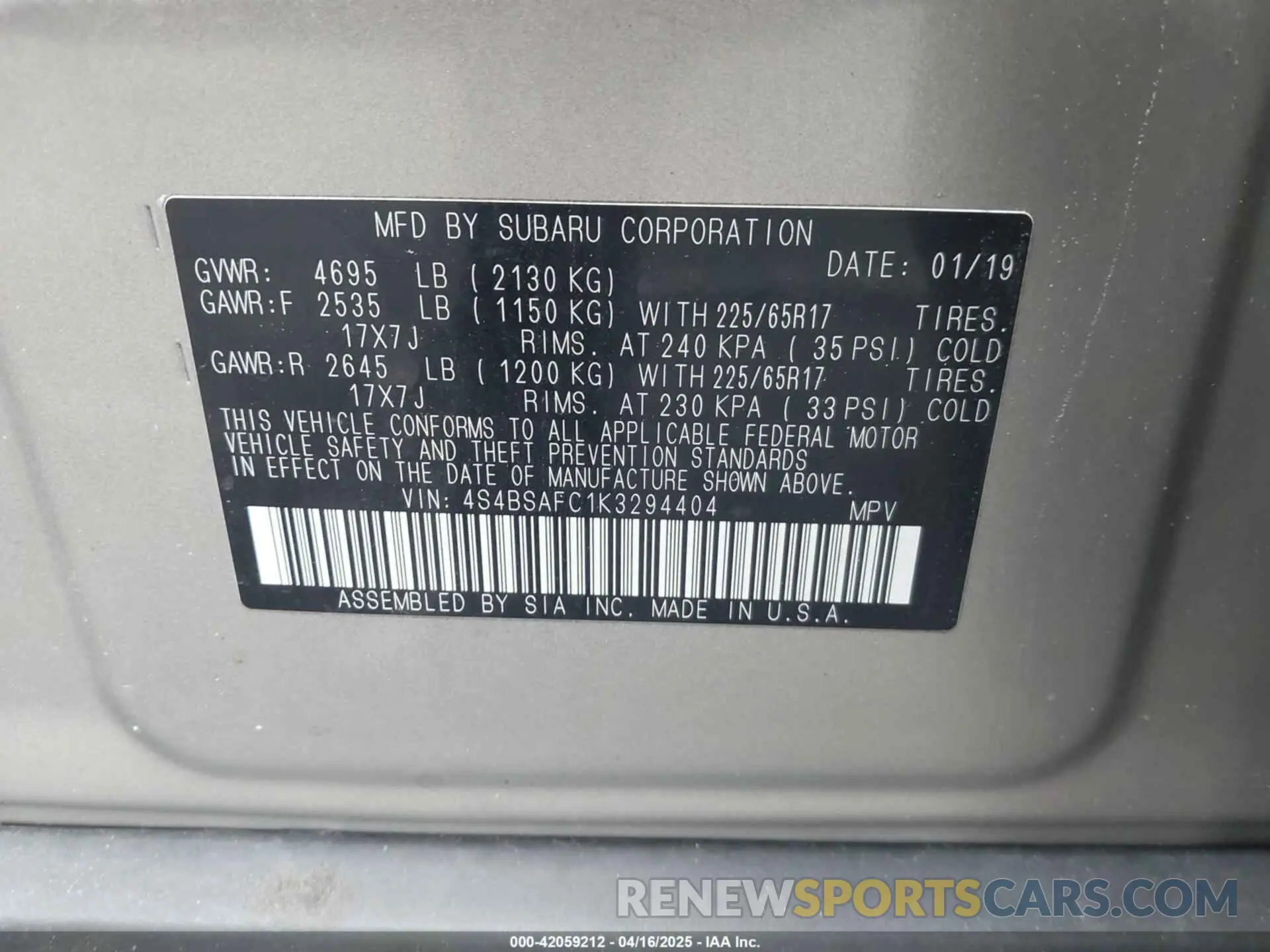 9 Photograph of a damaged car 4S4BSAFC1K3294404 SUBARU OUTBACK 2019