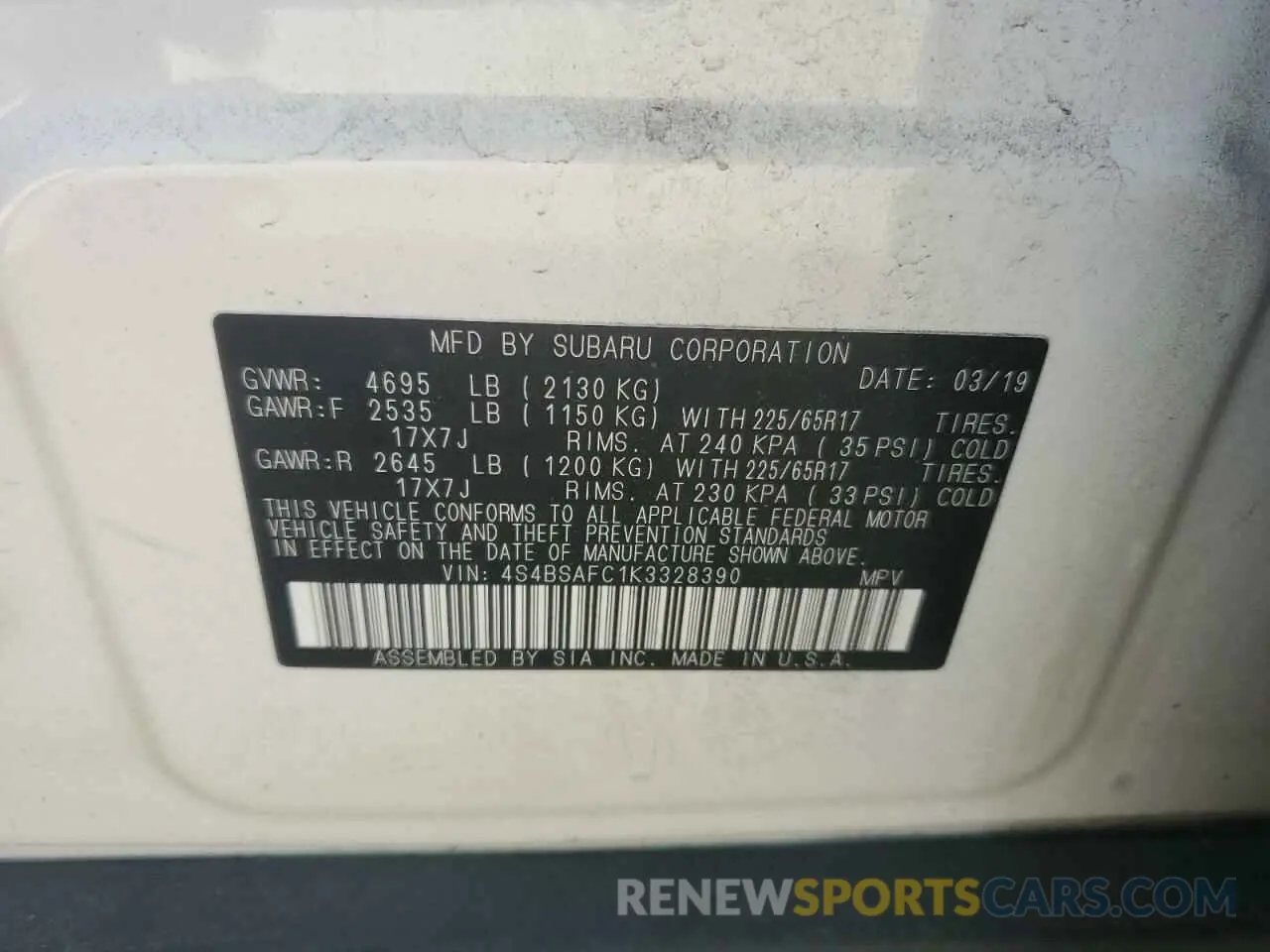12 Photograph of a damaged car 4S4BSAFC1K3328390 SUBARU OUTBACK 2019