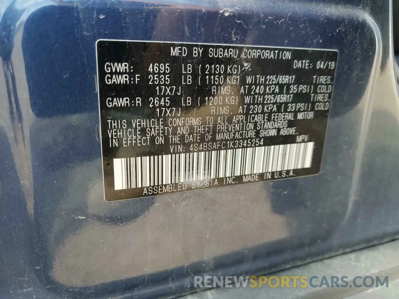 12 Photograph of a damaged car 4S4BSAFC1K3345254 SUBARU OUTBACK 2019