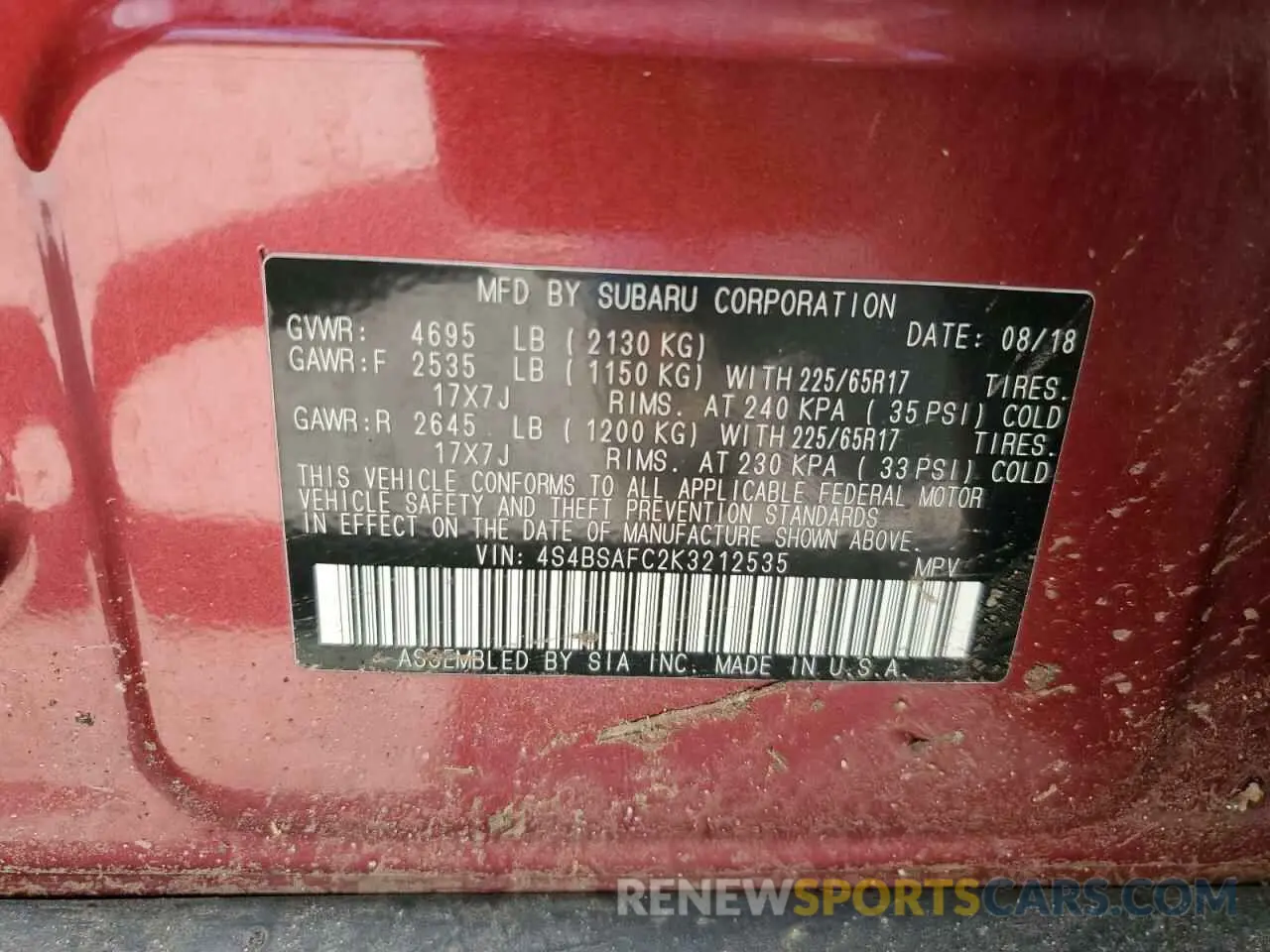 13 Photograph of a damaged car 4S4BSAFC2K3212535 SUBARU OUTBACK 2019