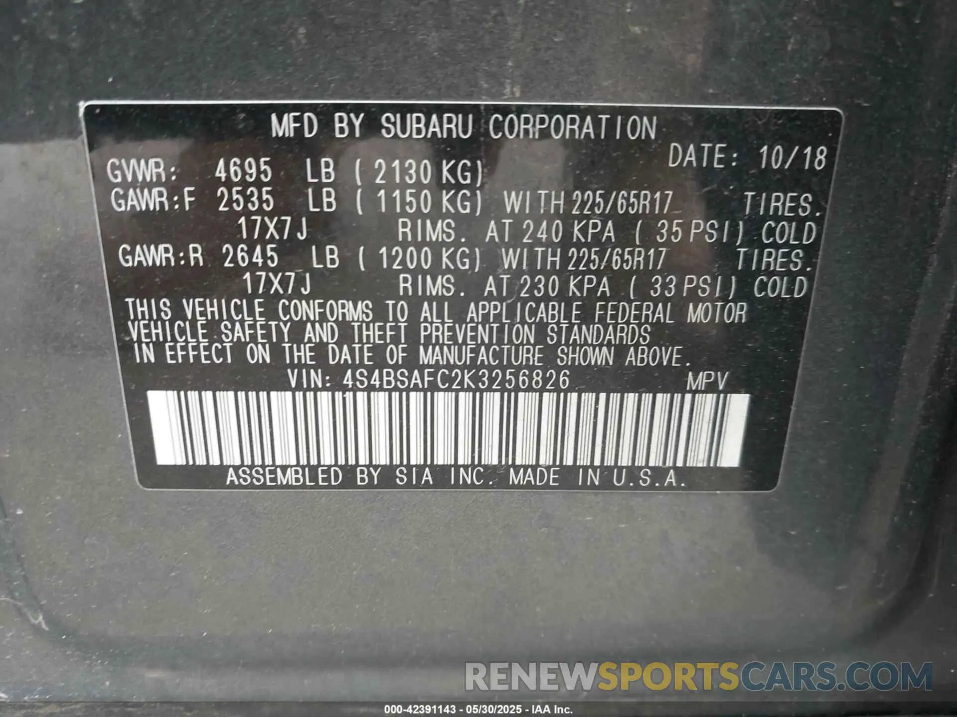 9 Photograph of a damaged car 4S4BSAFC2K3256826 SUBARU OUTBACK 2019