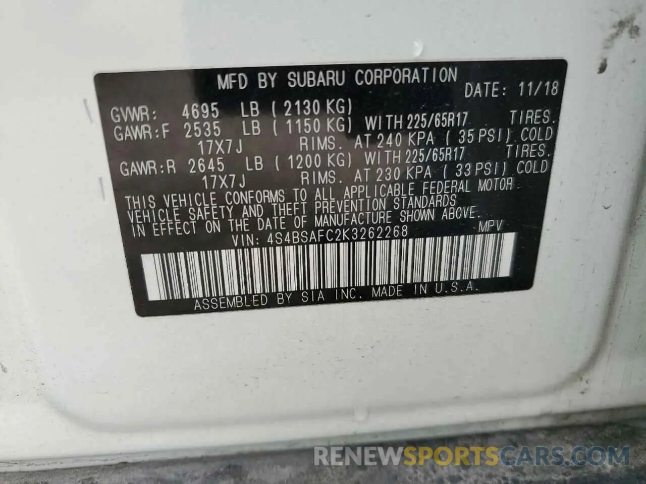 13 Photograph of a damaged car 4S4BSAFC2K3262268 SUBARU OUTBACK 2019