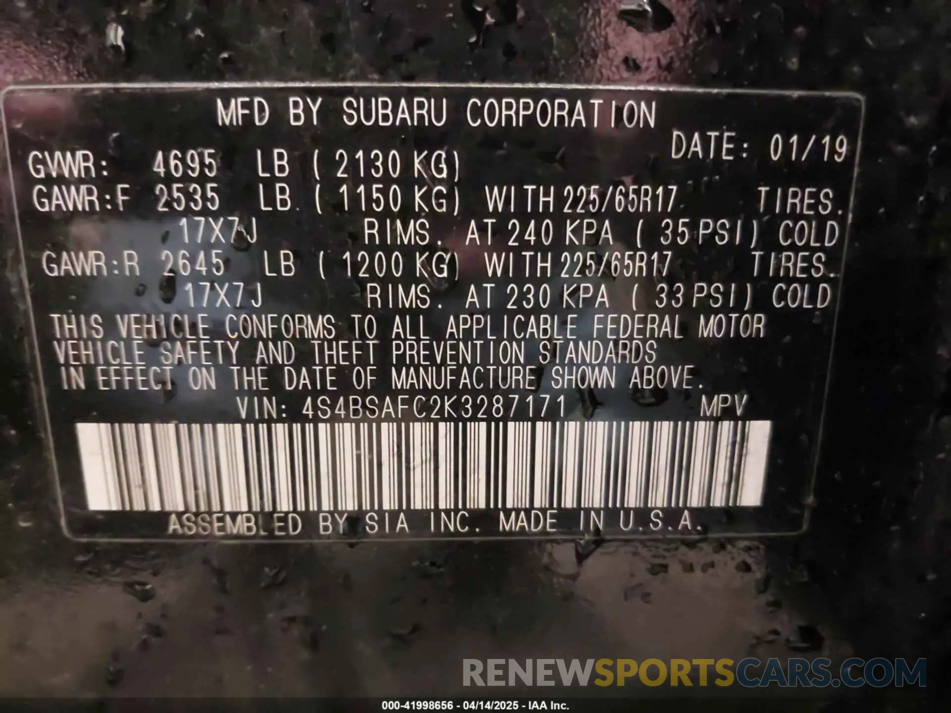 9 Photograph of a damaged car 4S4BSAFC2K3287171 SUBARU OUTBACK 2019