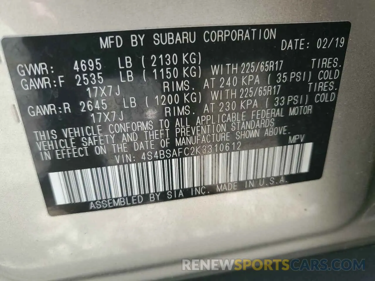 13 Photograph of a damaged car 4S4BSAFC2K3310612 SUBARU OUTBACK 2019
