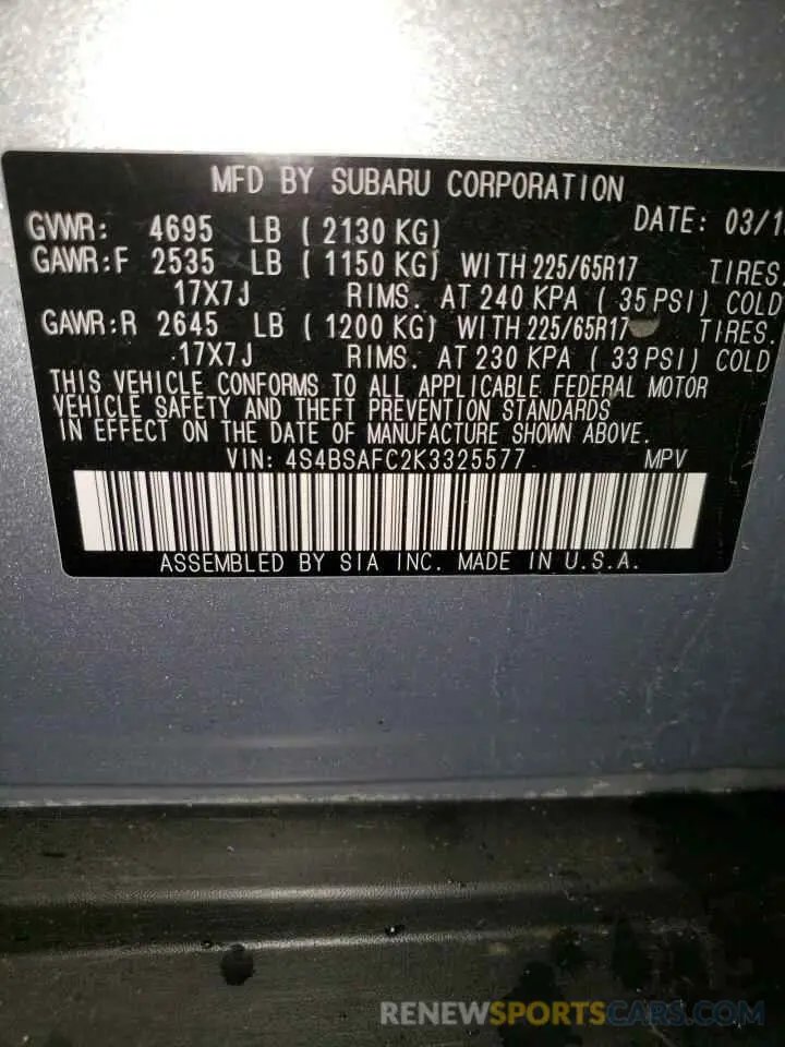 13 Photograph of a damaged car 4S4BSAFC2K3325577 SUBARU OUTBACK 2019