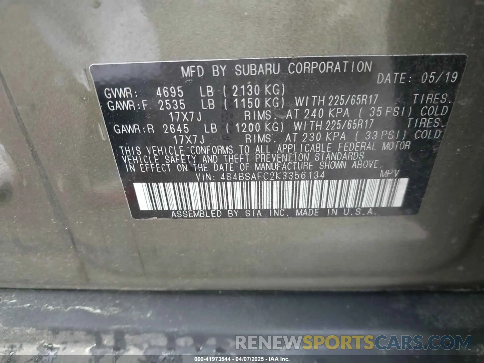 9 Photograph of a damaged car 4S4BSAFC2K3356134 SUBARU OUTBACK 2019