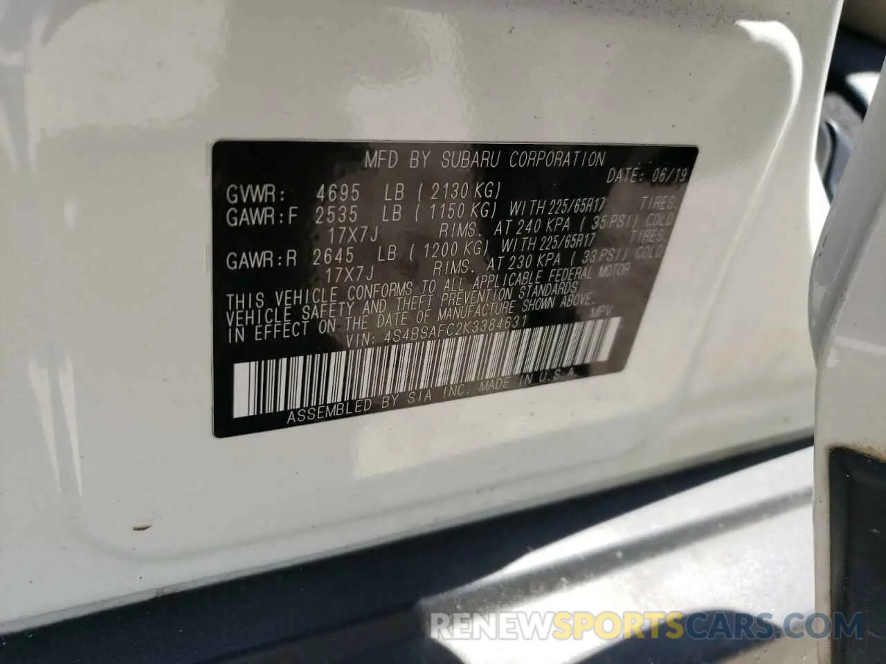 14 Photograph of a damaged car 4S4BSAFC2K3384631 SUBARU OUTBACK 2019
